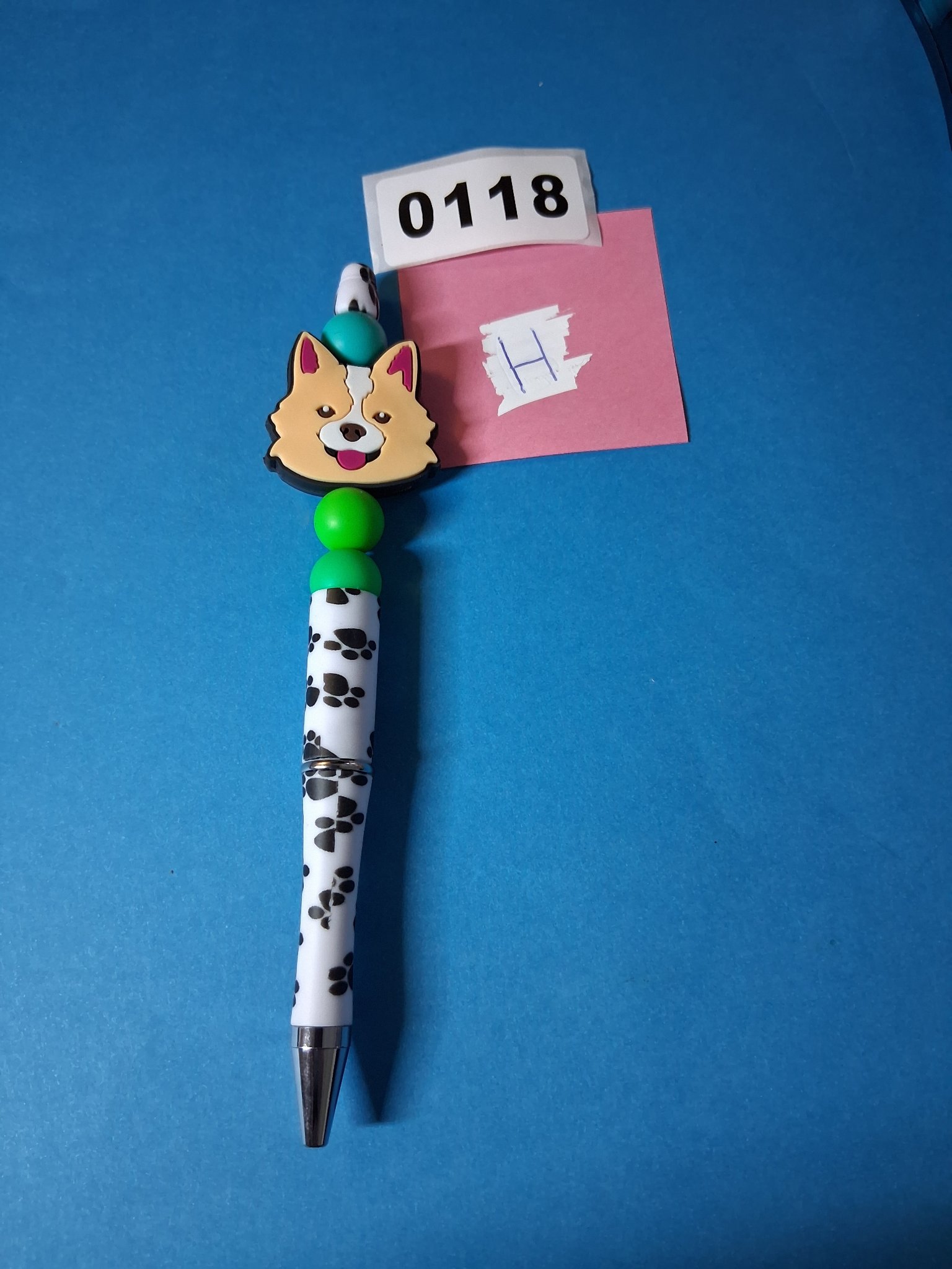 Beaded Pen — 118H Corgi Dog Charm with Paw Print Barrel